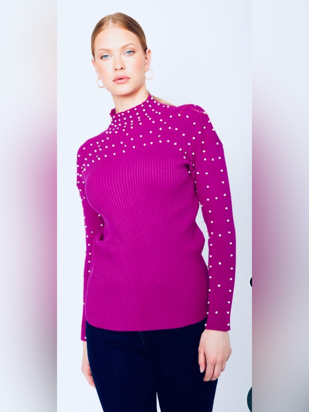 Frank Lyman Design Fuchsia Pearl-Studded Ribbed Mock-Neck Sweater